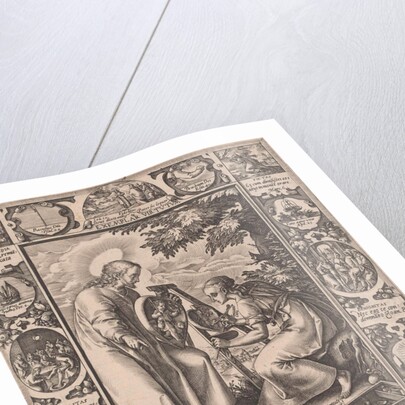 A woman sits behind an easel and paints the Christ Child in a heart by Hendrick Goltzius