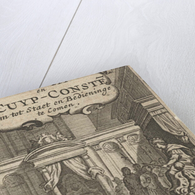 King on throne surrounded by nationals and cooper with barrel by Dirck van Ackersdijck