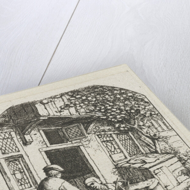 Spinster sitting on the doorstep of a house talking to man by Adriaen van Ostade