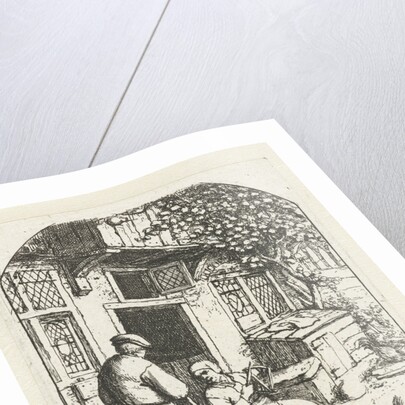 Spinster sitting on the doorstep of a house talking to man by Adriaen van Ostade