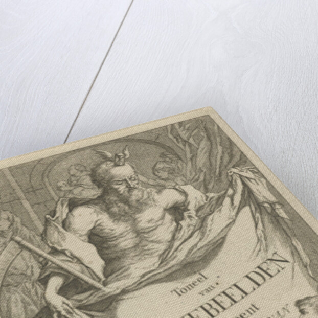 The Death personified holding a cloth on which the series title in ten lines in Dutch by Arnold Houbraken