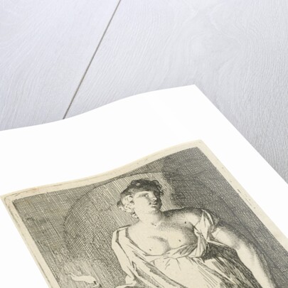 A female figure as the personification of obsequiousness in a niche, with her right hand in a candle holder with a burning candle by Arnold Houbraken