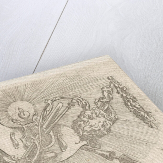 Vignette with winch, burning heart, shield, freedom hat and sun by Willem Bilderdijk