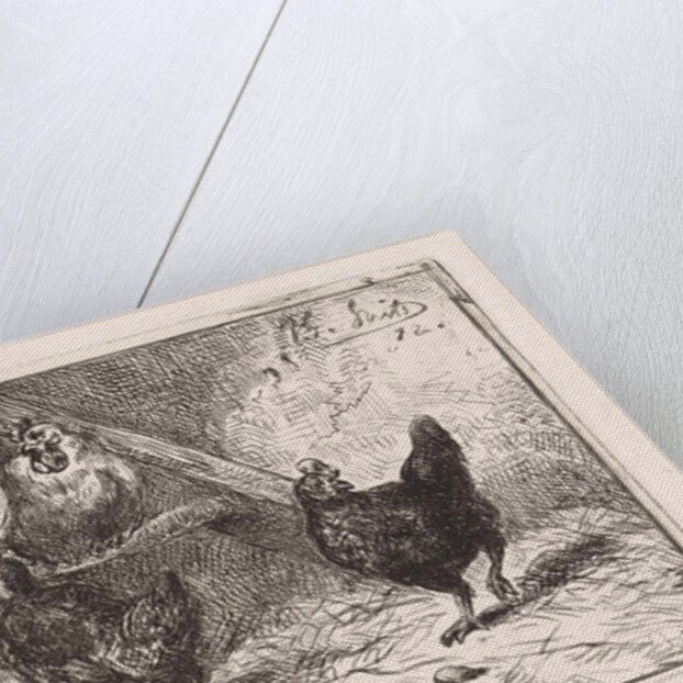 Cock and five chickens in a henhouse, two of them perching, two black chickens scratching around by Jan Gerard Smits