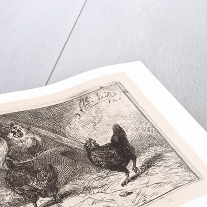 Cock and five chickens in a henhouse, two of them perching, two black chickens scratching around by Jan Gerard Smits