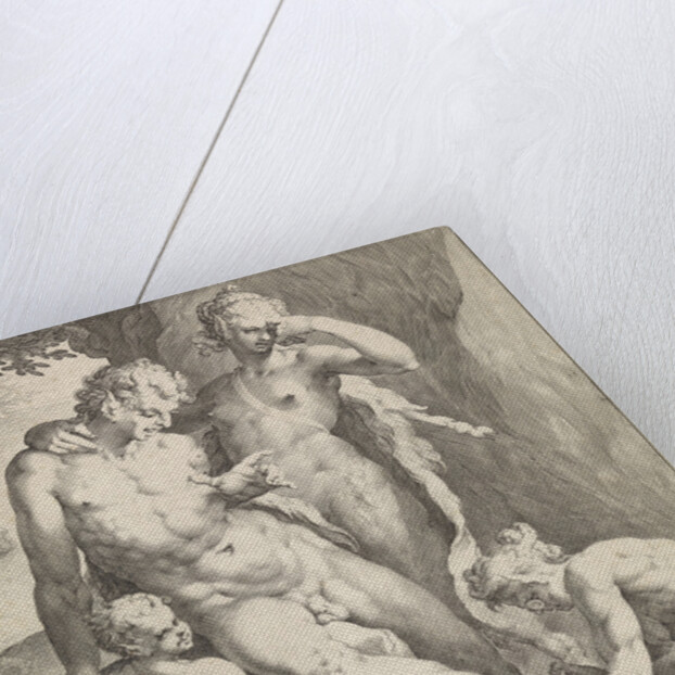 A Oreade, with spectacles on nose, removing a thorn from the foot of a satyr by Jan Harmensz. Muller