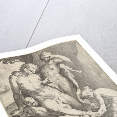 A Oreade, with spectacles on nose, removing a thorn from the foot of a satyr by Jan Harmensz. Muller