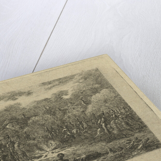 Cavalrymen around an explosion in a village by Gerardus Emaus de Micault