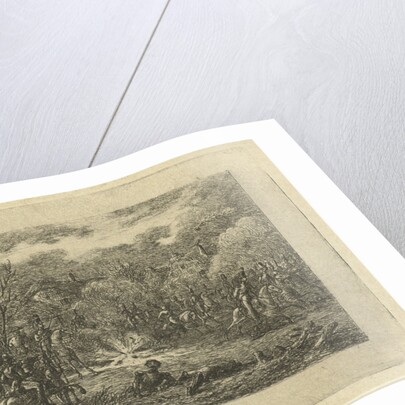 Cavalrymen around an explosion in a village by Gerardus Emaus de Micault