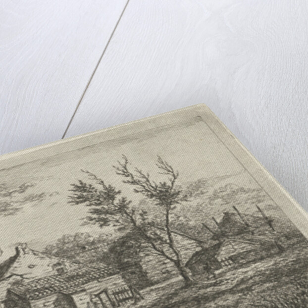 On a farm with several buildings and a haystack, a person walks near a tree, a pond with ducks by Gerardus Emaus de Micault