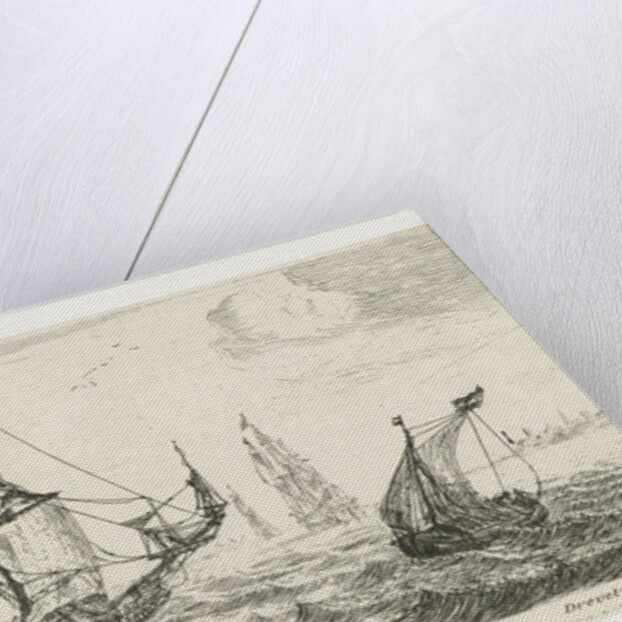 A large sailing ship, a pinnace, and a smaller ship, on the water, three large ships, a village right on the coast by Anonymous