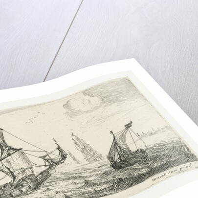 A large sailing ship, a pinnace, and a smaller ship, on the water, three large ships, a village right on the coast by Anonymous