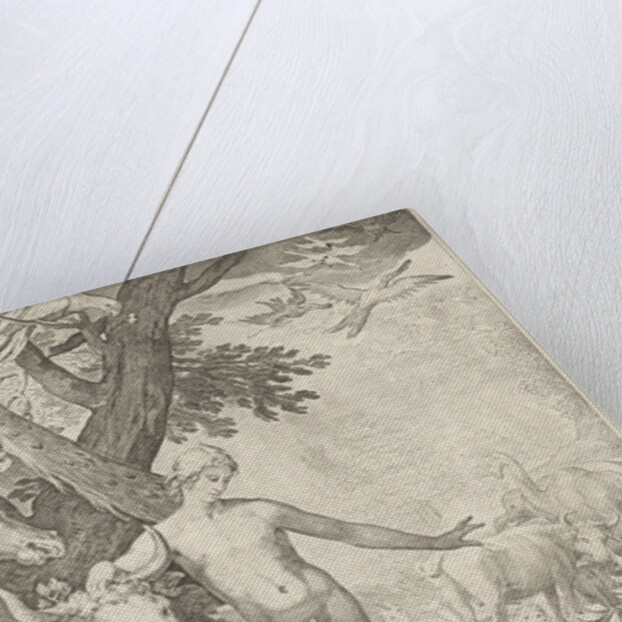 Adam stands in the foreground, around him all kinds of animals by Jan Saenredam