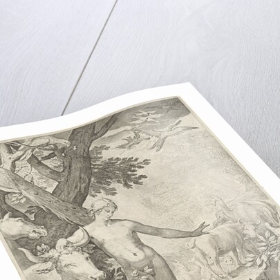 Adam stands in the foreground, around him all kinds of animals by Jan Saenredam