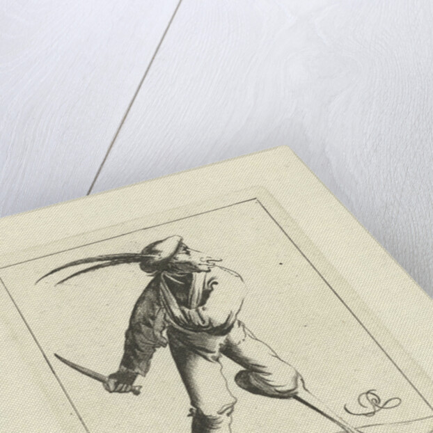 A fool with a wooden leg and arm in a sling has a knife in his hand by Pieter Jansz. Quast