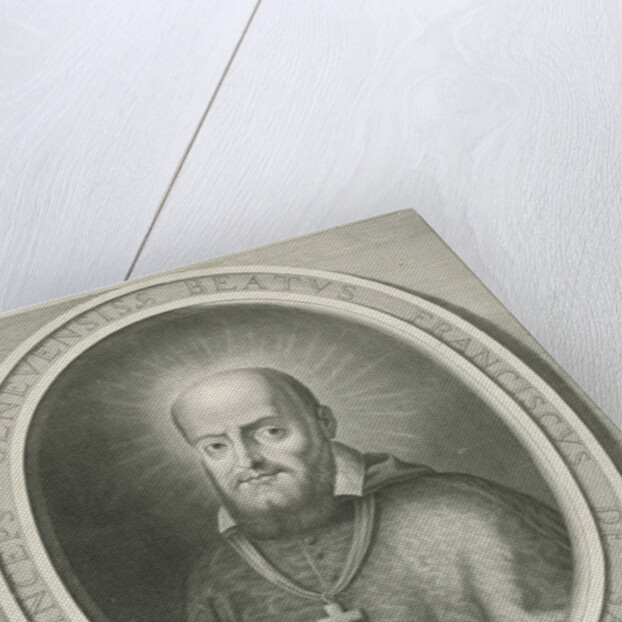 Portrait of St. Francis de Sales, a halo behind his head, he was bishop of Geneva and Annecy, on the pedestal a Bible quote by Nicolas Pitau I