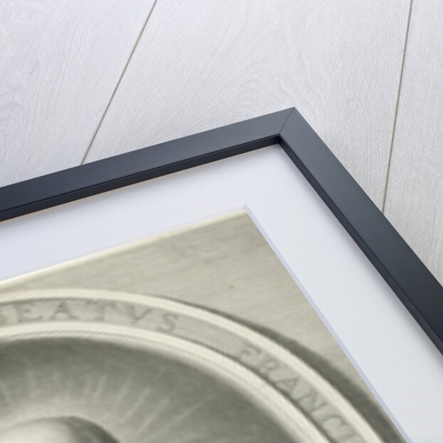 Portrait of St. Francis de Sales, a halo behind his head, he was bishop of Geneva and Annecy, on the pedestal a Bible quote by Nicolas Pitau I