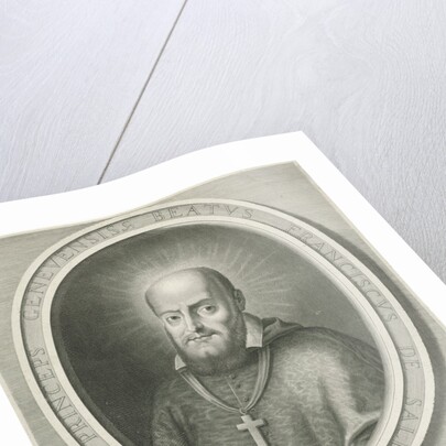 Portrait of St. Francis de Sales, a halo behind his head, he was bishop of Geneva and Annecy, on the pedestal a Bible quote by Nicolas Pitau I