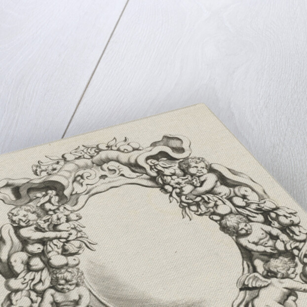 Cartouche with lobe ornament with four children and two angels by Clement de Jonghe