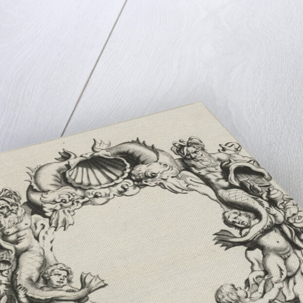 Cartouche with lobe ornament, a top shell flanked by dolphins by Clement de Jonghe