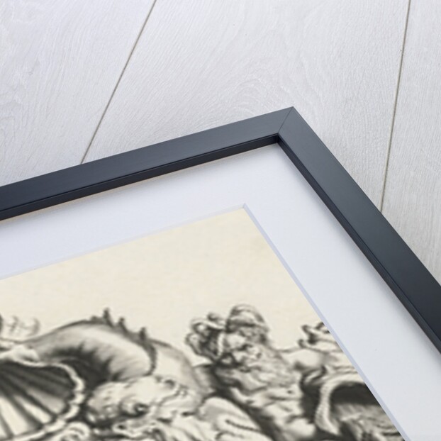 Cartouche with lobe ornament, a top shell flanked by dolphins by Clement de Jonghe