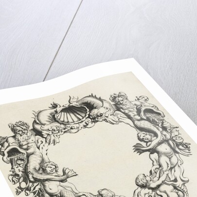 Cartouche with lobe ornament, a top shell flanked by dolphins by Clement de Jonghe