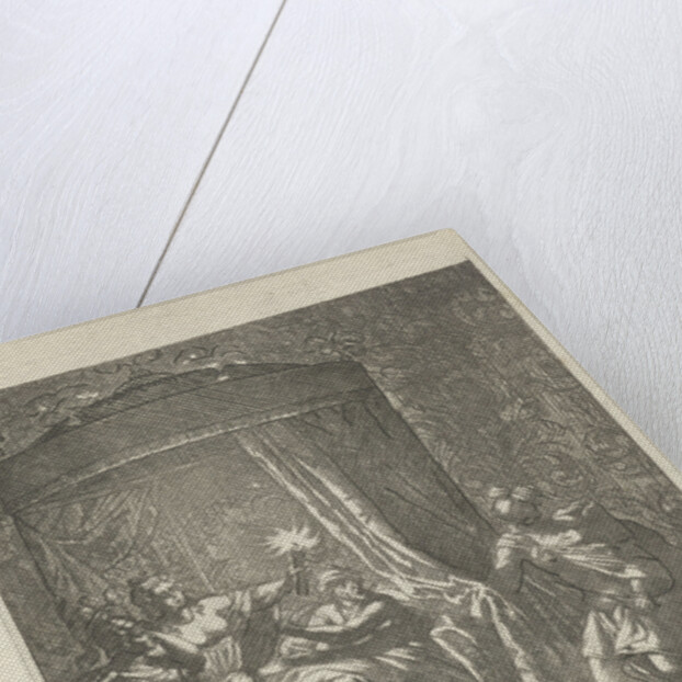 In a dark bedroom is Aristodemus prince of Cuma in bed while he is betrayed by his companion Xenocrite by Arnold Houbraken