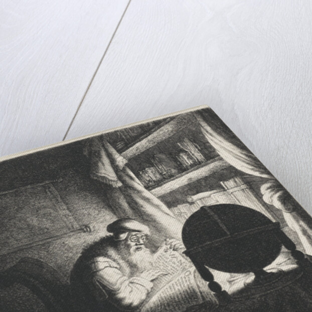 Reading man with glasses in a study room by Jan Gillisz. van Vliet