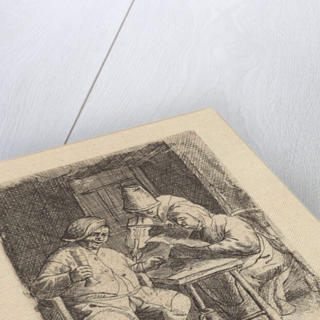 Behind a table in an interior is a woman who sings from a songbook by Jacob Laurensz. van der Vinne