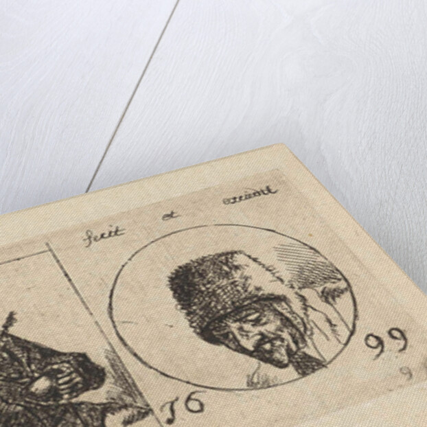 In the middle a smoker, right the head of a man with fur hat, left the head of a man holding in his hand a stick by Jacob Laurensz. van der Vinne