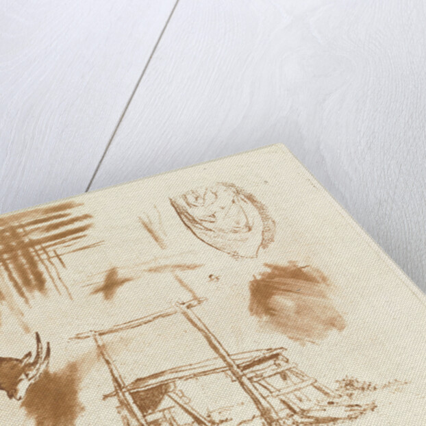 Study Sheet with reclining goat, a wooden bench and a drapery by Johannes Huibert Prins