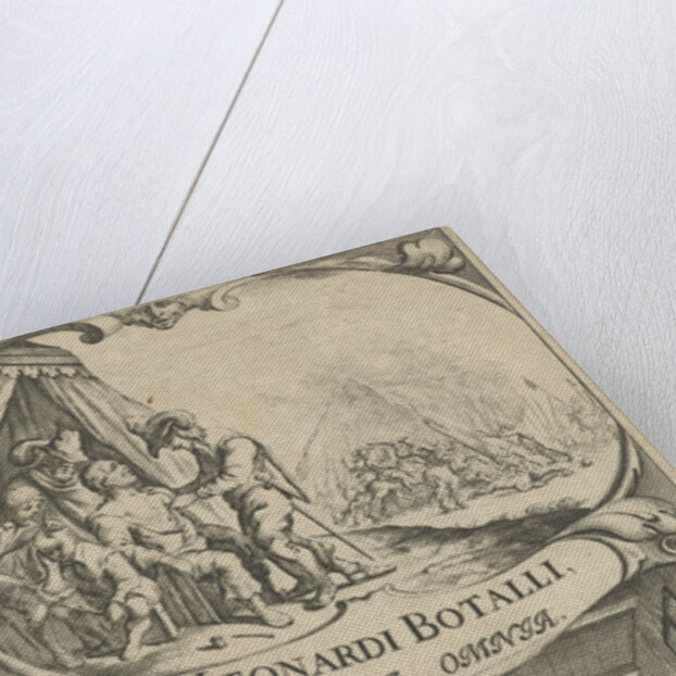 Cartouche with a battlefield and a doctor who takes care of the wounded for a tent by Pieter Philippe