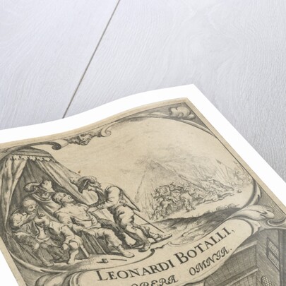 Cartouche with a battlefield and a doctor who takes care of the wounded for a tent by Pieter Philippe