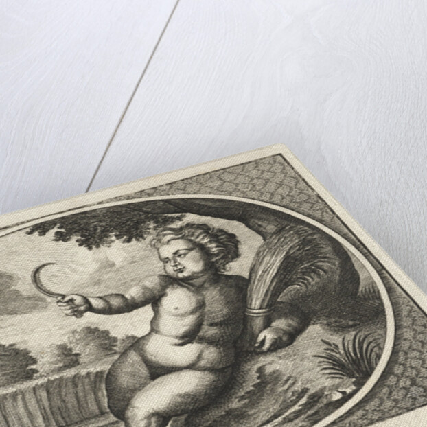 Summer in form of child with scythe and sheaf of corn near cornfield by Joh. Christoph Schmidhammer