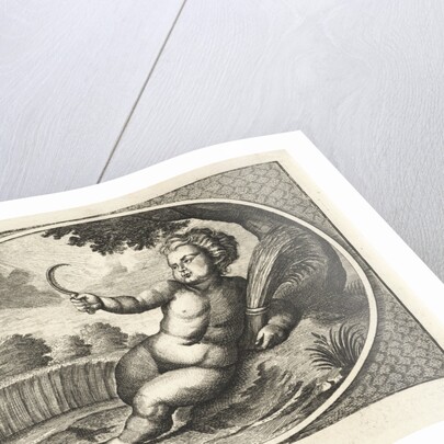 Summer in form of child with scythe and sheaf of corn near cornfield by Joh. Christoph Schmidhammer