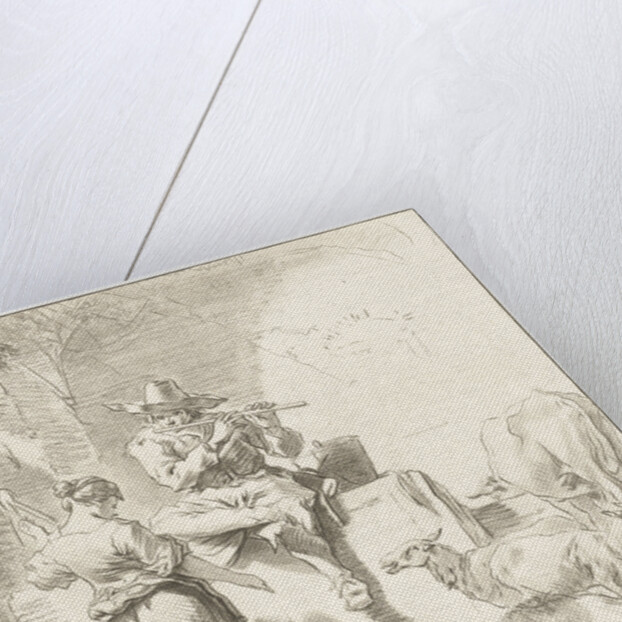 Shepherd sits on a rock and plays the flute, a shepherdess spinning, goats and cows are around the couple by Jurriaan Cootwijck