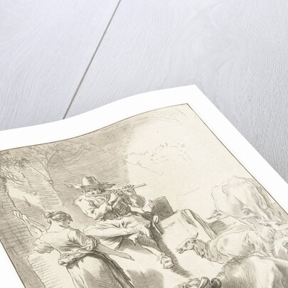 Shepherd sits on a rock and plays the flute, a shepherdess spinning, goats and cows are around the couple by Jurriaan Cootwijck