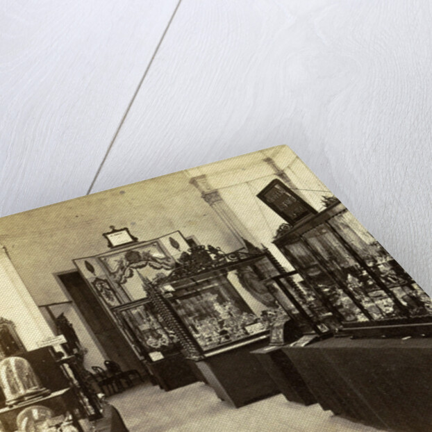 Display cabinets with objects in the exhibition of National Industry and Art in the Palace of Industry, Amsterdam by Anonymous