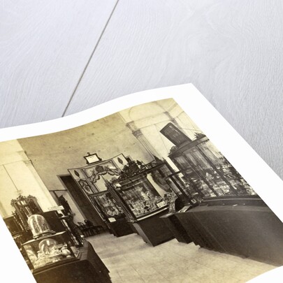 Display cabinets with objects in the exhibition of National Industry and Art in the Palace of Industry, Amsterdam by Anonymous