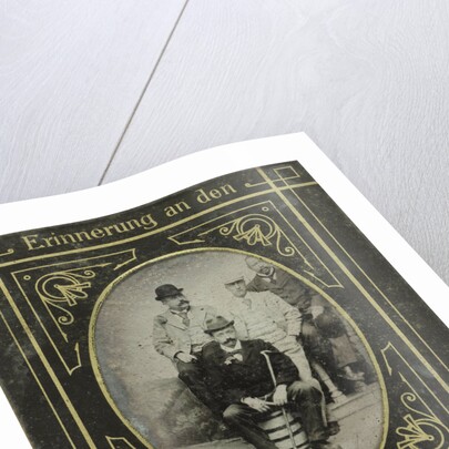 Portrait of four men standing and sitting on a ton and a balustrade, Drachenfels, Germany by Anonymous
