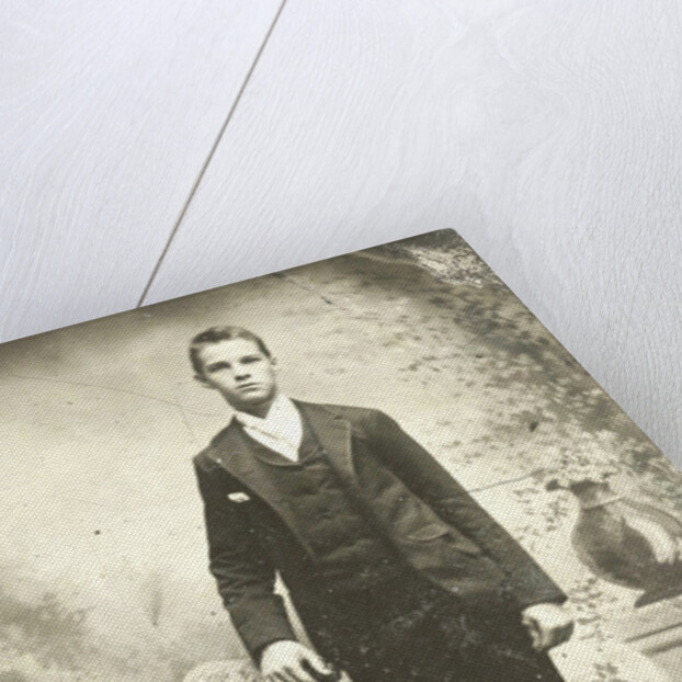 Portrait of a young man standing in front of a painted backdrop, balustrade with vase by Anonymous