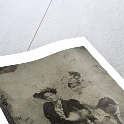 Portrait of a man who is kneeling in three women and two of them holding a hand by Anonymous