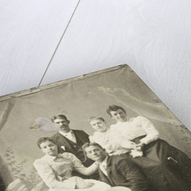 Group portrait of two men and three women, standing and sitting in front of a painted backdrop, tree, rocks by Anonymous