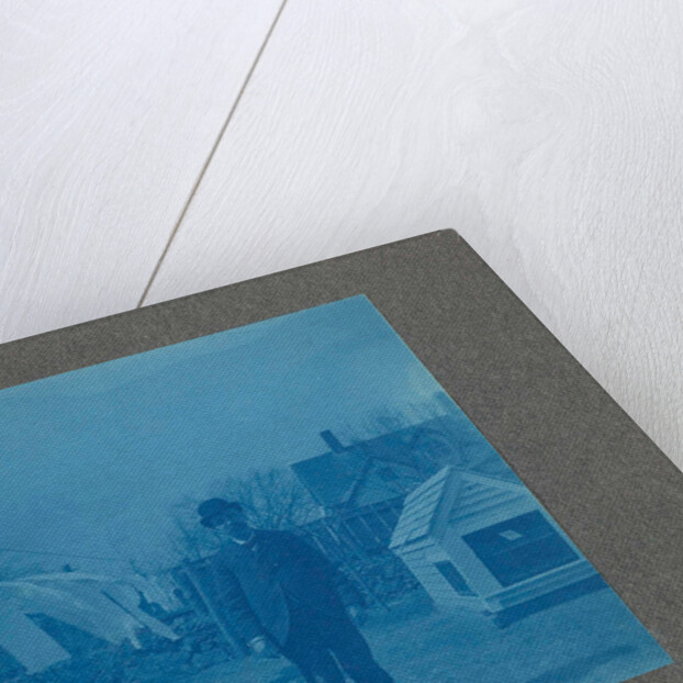 Man standing on a clothesline in a garden, USA by Anonymous