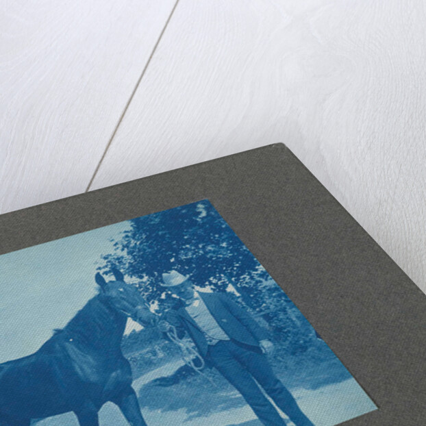 Man holds horse by the reins, United States, USA by Anonymous