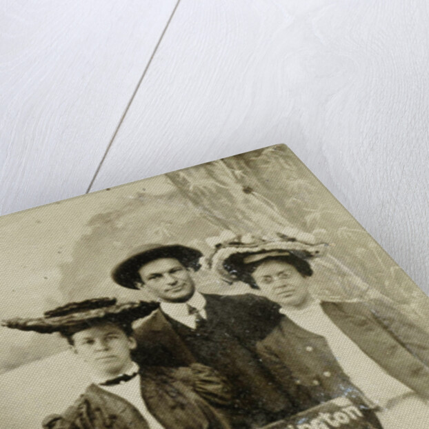 Portrait of a man and two women in front of a painted backdrop (tree, lake and mountains) and a sign that read 'Huntington FAIR 1905 by Anonymous
