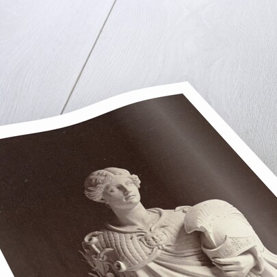 Marble statue of a woman dressed in warrior costume with a helmet in one hand and the other a palm by Louis-Emile Durandelle