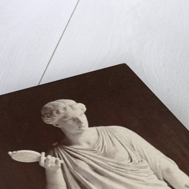 Marble statue of a woman in a high-necked dress with a mirror in her right hand, a snake in his left hand by Louis-Emile Durandelle