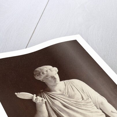 Marble statue of a woman in a high-necked dress with a mirror in her right hand, a snake in his left hand by Louis-Emile Durandelle