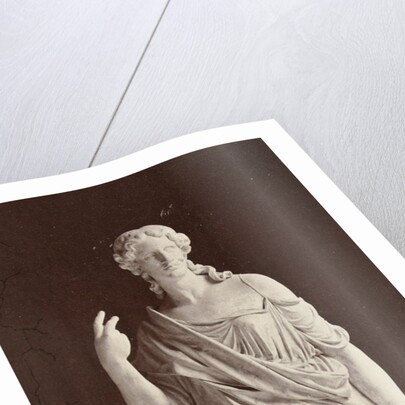 Marble statue of a woman in high-necked dress, with her right hand pointing at a globe and her left hand pointing in the air by Louis-Emile Durandelle